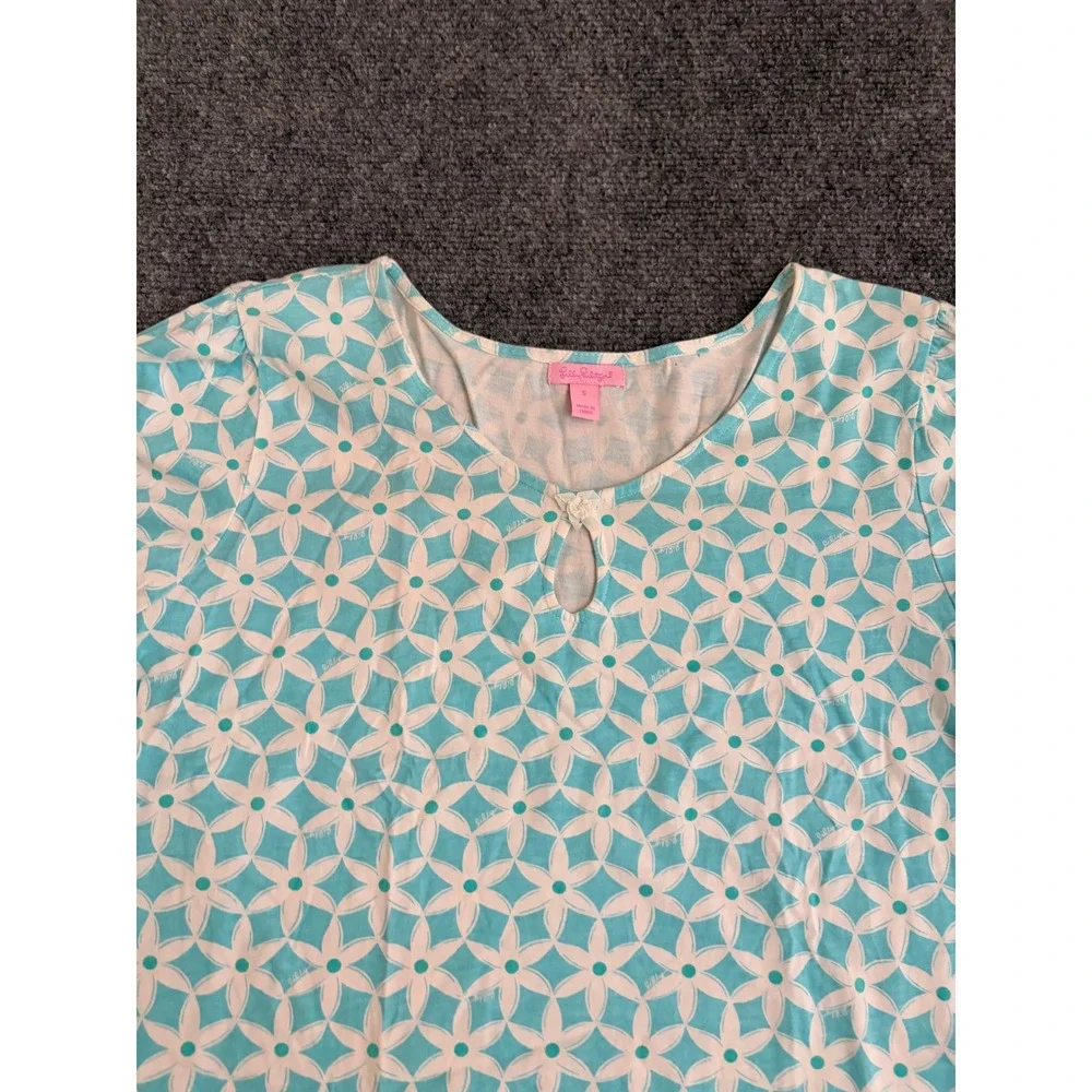 Lilly Pulitzer Aqua Blue White Floral Keyhole Puff Sleeve Top Small Cotton Modal